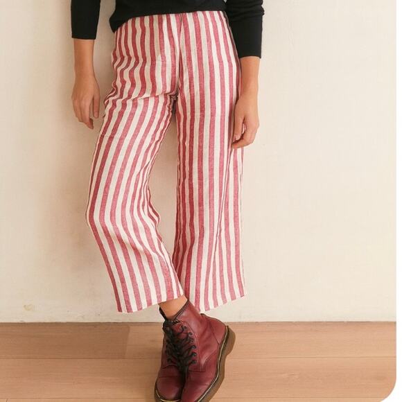 EKA Red And White Vertical Striped Wide Leg Cropped Pants Boho Coastal Lagenlook - Picture 1 of 9